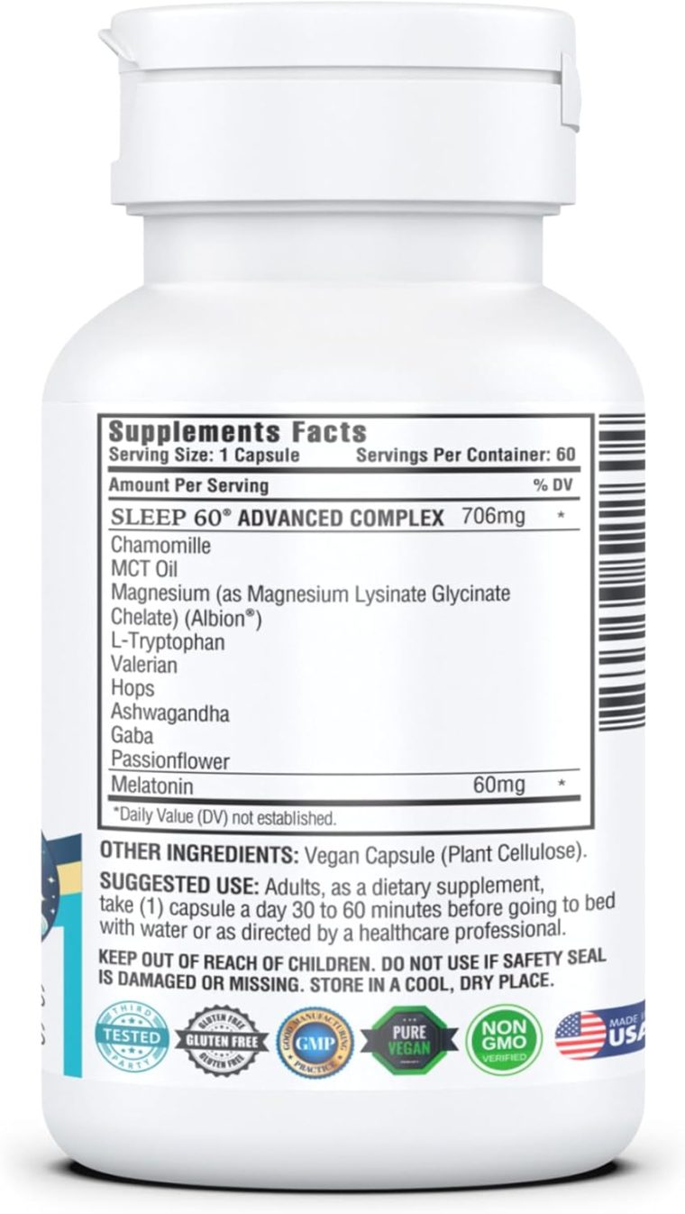 KAPPA NUTRITION Sleep 60, Sleep Aid, 60mg of Melatonin, 60-Day Supply, Non-Habit Forming Vegan Capsules Natural Ingredients for Easier Bedtime, Herbal Supplement, Valerian Root, Chamomile Non-GMO - Image 7