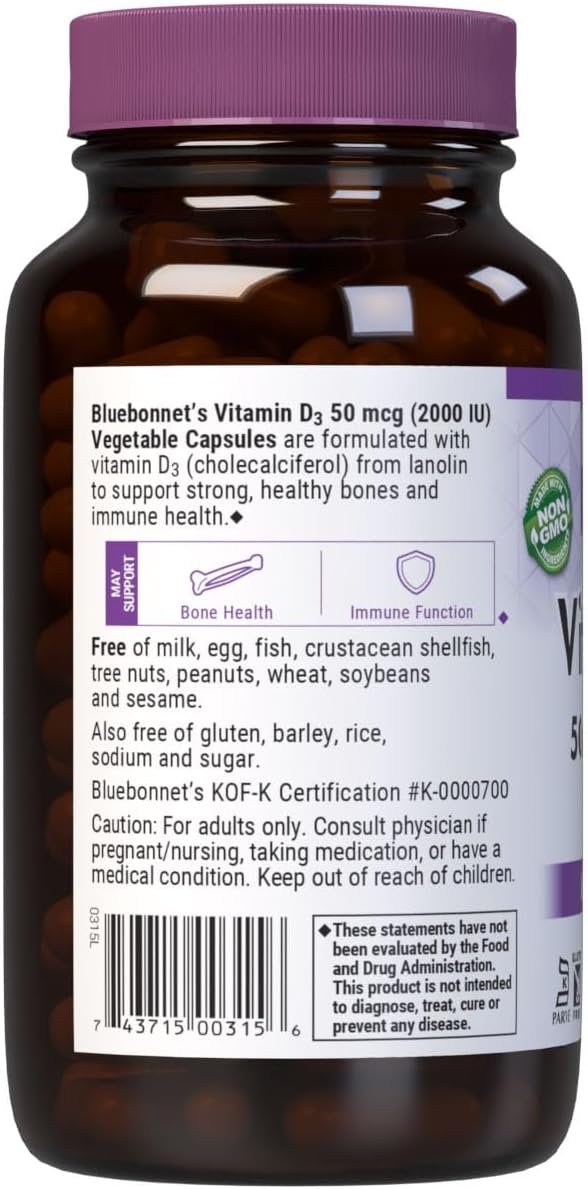 Bluebonnet Nutrition Vitamin D3 2000 IU Vegetable Capsule, Aid in Muscle and Skeletal Growth, Cholecalciferol from Lanolin, D3, Non GMO, Gluten Free, Soy Free, Milk Free, Kosher, 180 Vegetable Capsule - Image 3