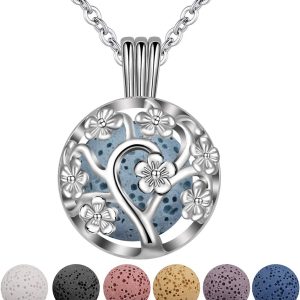 INFUSEU Sakura Tree Aromatherapy Necklace, Essential Oils Diffuser Locket Pendant with 7 PCS Lava Rock Stones and 24" Link Chain