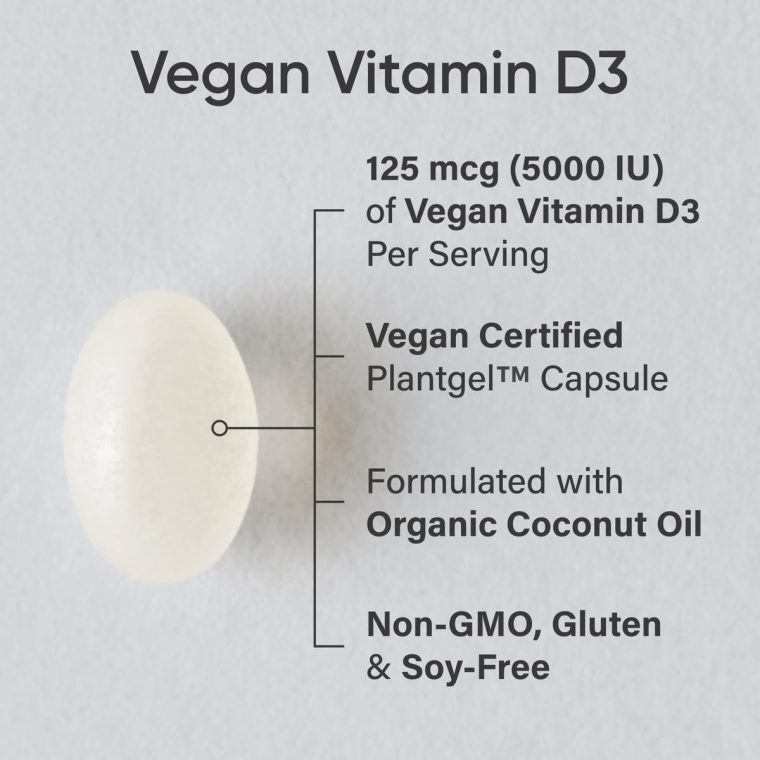 Sports Research Vegan Vitamin D3 5000IU (125 mcg) with Coconut Oil | 100% Plant-Based Vitamin D for Bone, Joint & Immune Support | Carrageenan Free, Vegan Certified & Non-GMO Verified (60 Softgels) - Image 2