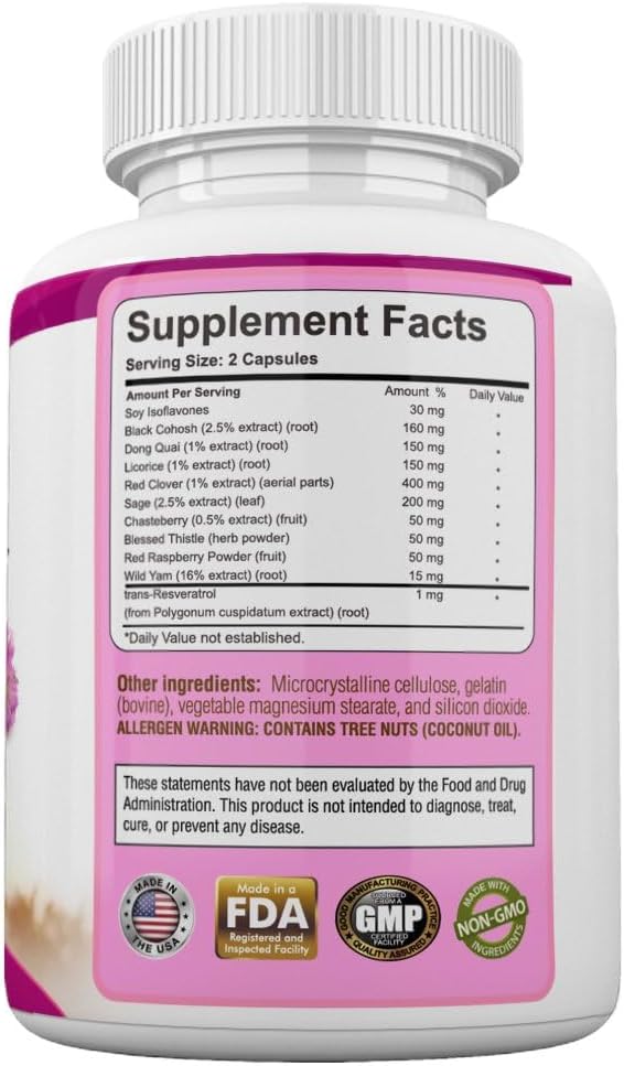 Menopause Relief Support For Hot Flashes Nights Sweats Hormonal Balance Support Supplement For Women Estrogen Wild Yam Black Cohosh Vitamins Lorice Root Herb Red Clover Extract Chasteberry Pills - Image 5