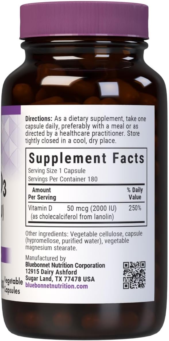 Bluebonnet Nutrition Vitamin D3 2000 IU Vegetable Capsule, Aid in Muscle and Skeletal Growth, Cholecalciferol from Lanolin, D3, Non GMO, Gluten Free, Soy Free, Milk Free, Kosher, 180 Vegetable Capsule - Image 2