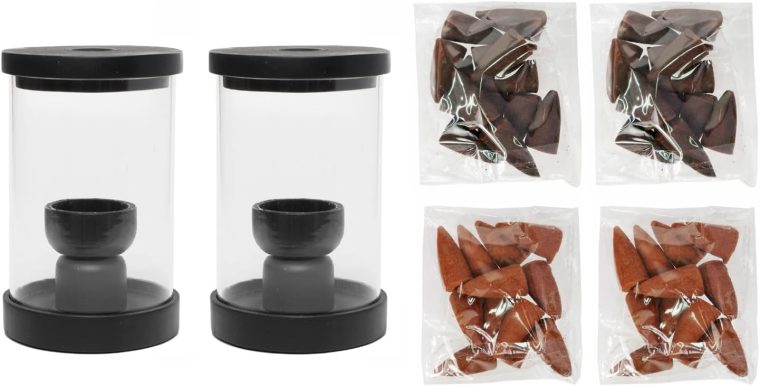 HOSLEY 2-Pack Black Wood & Glass Backflow Incense Burner Kit Includes 25 Incense Cones | Elegant Aromatherapy Set for Home, Office, Meditation & Relaxation