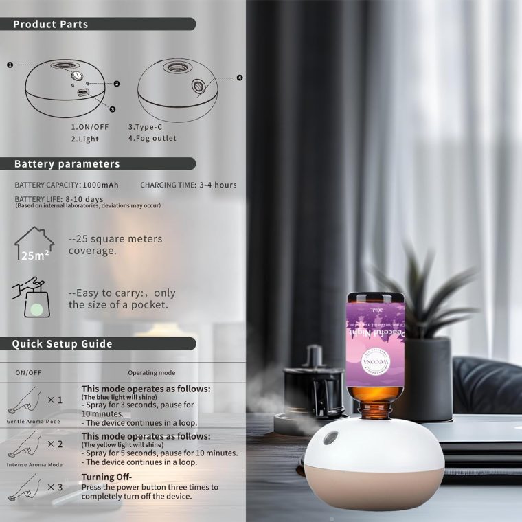 Rechargeable Waterless Essential Oil Diffuser - 2 Mist Modes Scentiment Scent Diffuser Starter Kit with 2 Essential Oils Set - 8 Hours Automatic Shutdown Scent Diffusers for Home - Image 4