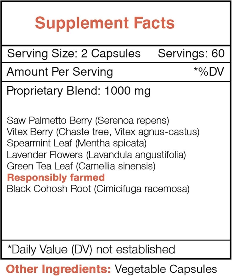 Hirsu Secret 120 Capsules, 1000 mg, Saw Palmetto, Black Cohosh, Vitex, Spearmint, Lavender, Green Tea. Unwanted Face & Body Hair (120 Capsules) - Image 3