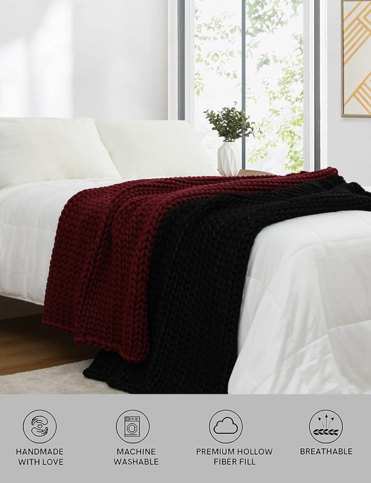 YnM Chunky Throw Blanket, Medium-Weight, Hand Knitted, Skin Friendly, Ventilated and Breathable, Machine Washable, Home Décor Piece for Couch, Sofa and Bed (Black, 60x80 Inch) - Image 9