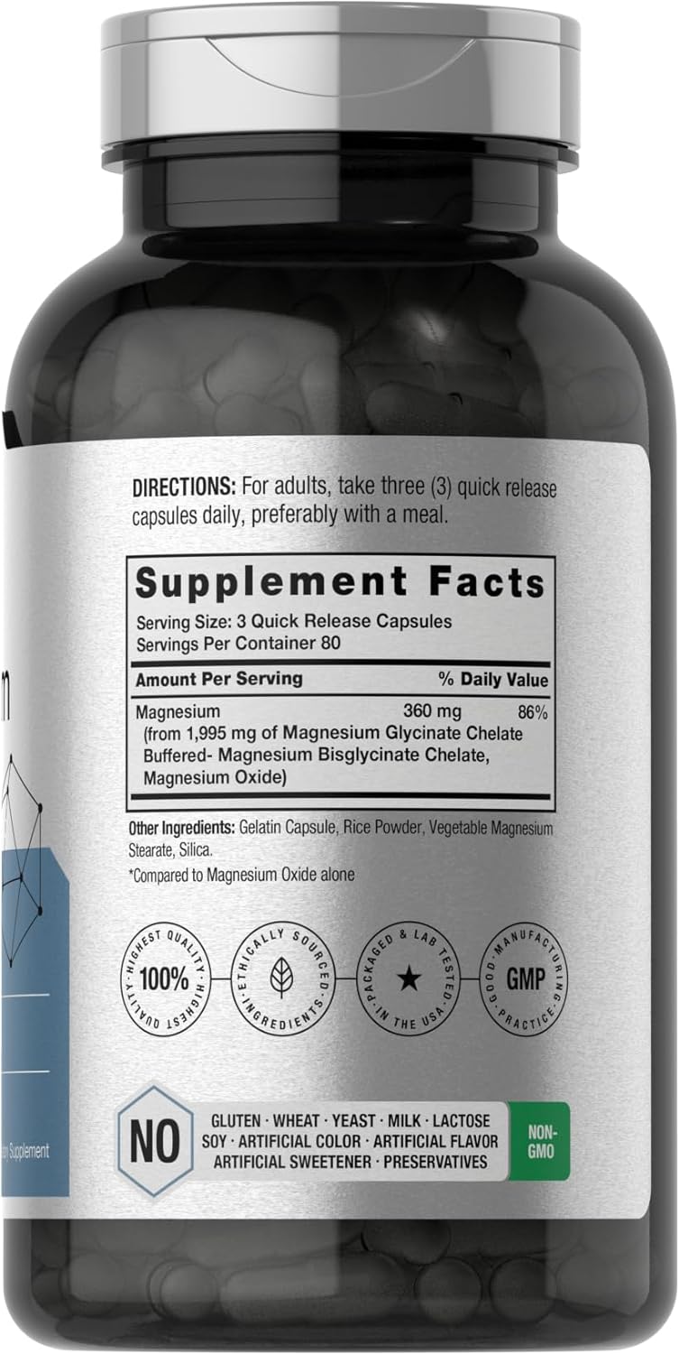 Horbäach Chelated Magnesium | 360mg | 240 Capsules | Non-GMO & Gluten Free Supplement - Image 2