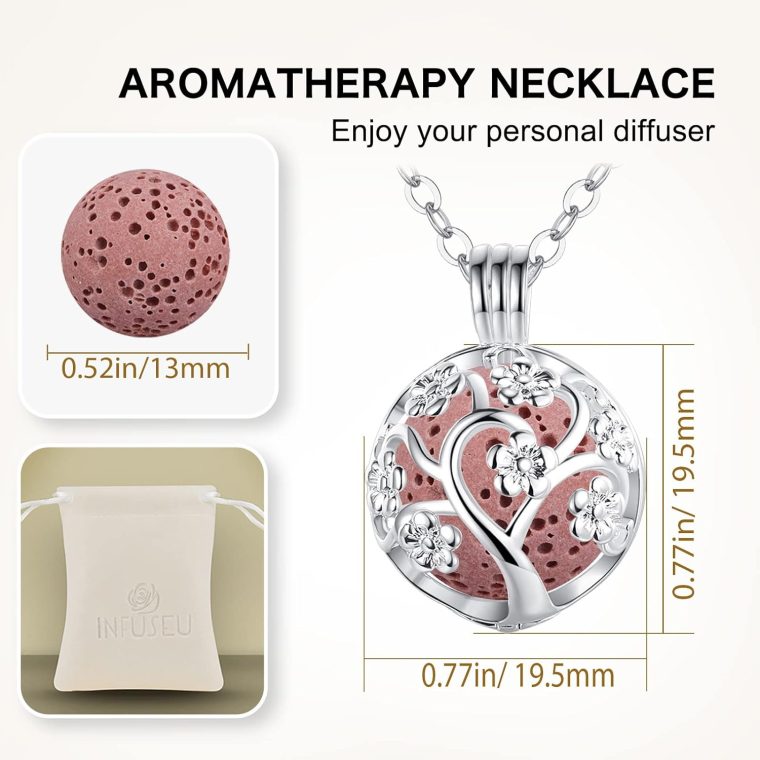 INFUSEU Sakura Tree Aromatherapy Necklace, Essential Oils Diffuser Locket Pendant with 7 PCS Lava Rock Stones and 24" Link Chain - Image 6