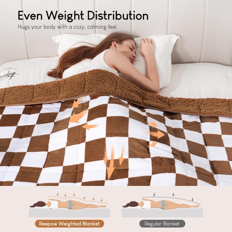 Reepow Fleece Sherpa Weighted Blanket for Adults 15 lbs 48" x 72" Twin Size, Soft Plush Warm Weighted Blanket, Heavy Bed Blanket with Ceramic Beads, Machine Washable, Khaki & White Checkered Pattern - Image 3
