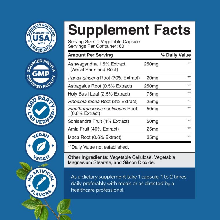 Herbal Adaptogen Mood Support Supplement - Calming Adaptogens Supplement for Stress & Cortisol Management with Ashwagandha Rhodiola Rosea & Maca Root - Vegan Non GMO & Daytime Friendly - 60ct - Image 3