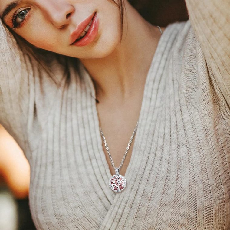 INFUSEU Sakura Tree Aromatherapy Necklace, Essential Oils Diffuser Locket Pendant with 7 PCS Lava Rock Stones and 24" Link Chain - Image 3