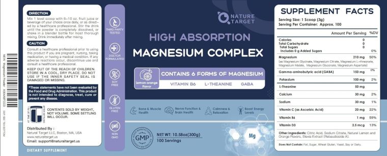 NATURE TARGET Magnesium Powder Supplement with Glycinate, Citrate, Malate, Magnesium Complex with L-Theanine & Vitamin B6 for Muscle, Heart & Brain, Vegan, 10.58 oz (100 Servings), Lemon Orange Flavor - Image 9