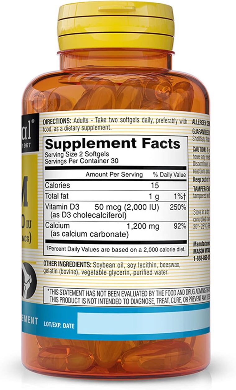 Mason Natural Calcium 1,200 mg with Vitamin D3 50 mcg (2,000 IU) - Immune Support & Bone Health*, Gluten Free, 60 Softgels - Image 2