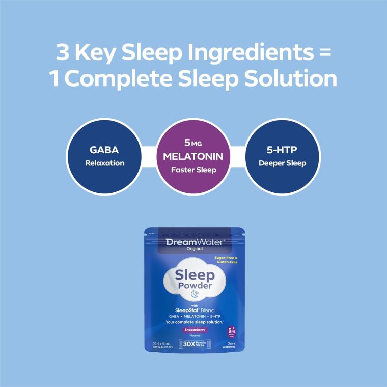 Dream Water Sleep Aid Powder; Melatonin 5mg, GABA, 5-HTP; Natural Flavors; Helps You to Fall Asleep, Fast, and Wake Refreshed; Snoozeberry, 30-Count - Image 3