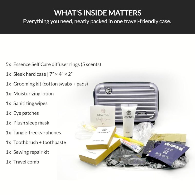 Essence Travel Amenity Kit - Compact Wellness Organizer with 5 Nasal Diffusers + 9 Traveler Comfort Essentials for Flights, Hotels & Adventures - Wearable Aromatherapy Self-Care On the Go - Image 3