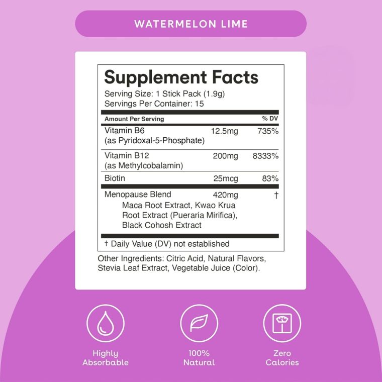 Menopause - Menopause Support Drink Mix - Women's Menopause Supplements - Hormone Balance Multivitamin - With Maca Root & Black Cohosh - Sugar Free - Vegan - 15 Drink Packets - Watermelon Lime - Image 2