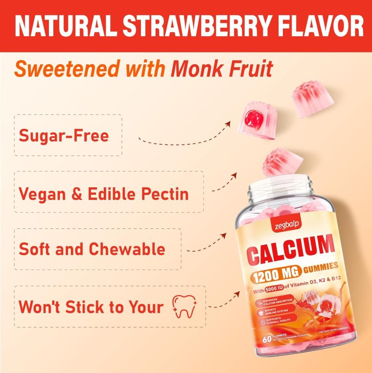 Calcium 1200 mg with Vitamin D3 Supplement for Adults - Calcium Gummies with Vitamin D3 5000IU, K2, B12 for Women Men - Extra Absorption Calcium Citrate - Natural Strawberry Flavor, 120 Gummies - Image 8