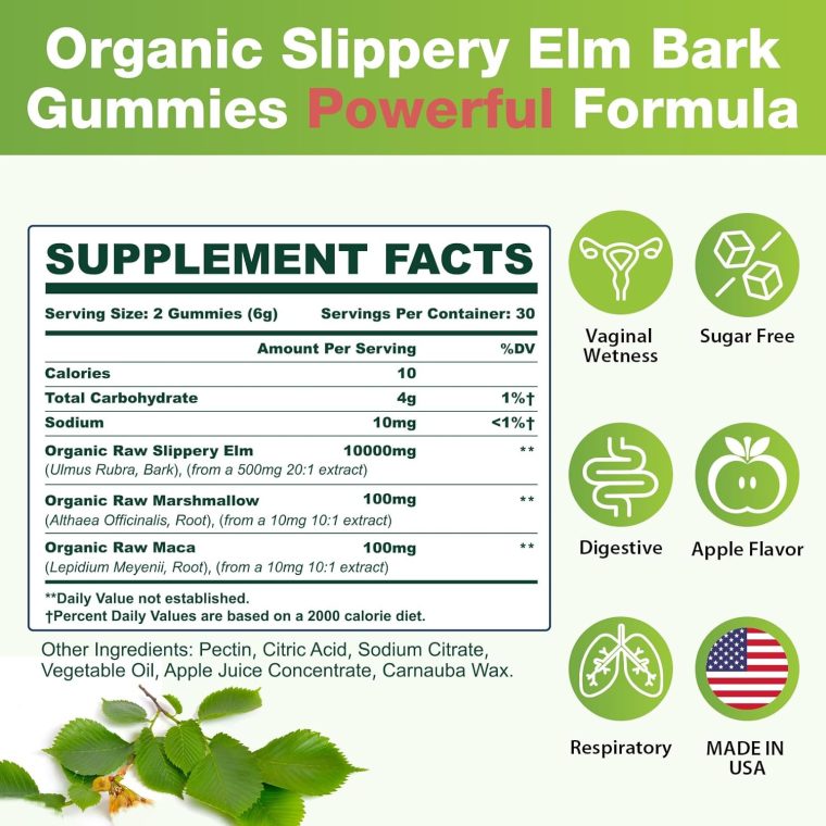 Slippery Elm, Slippery Elm Bark Gummies for Women & Men, with Organic Marshmallow & Maca Root for Vaginal Health Wetness & Vitality, Soothe Gut, Digestive, Throat & Respiratory*, Vegan - 60 Gummies - Image 2