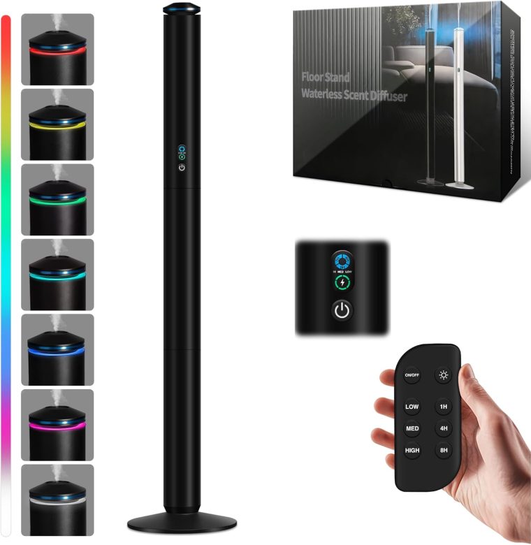 Waterless Scent Diffuser Starter Kit - 2000 Sq Ft Coverage, Luxury Hotel Scent Diffuser, Diffusers for Essential Oils Large Room, Included 5 Scent Oils, Remote Control, Black, 40In