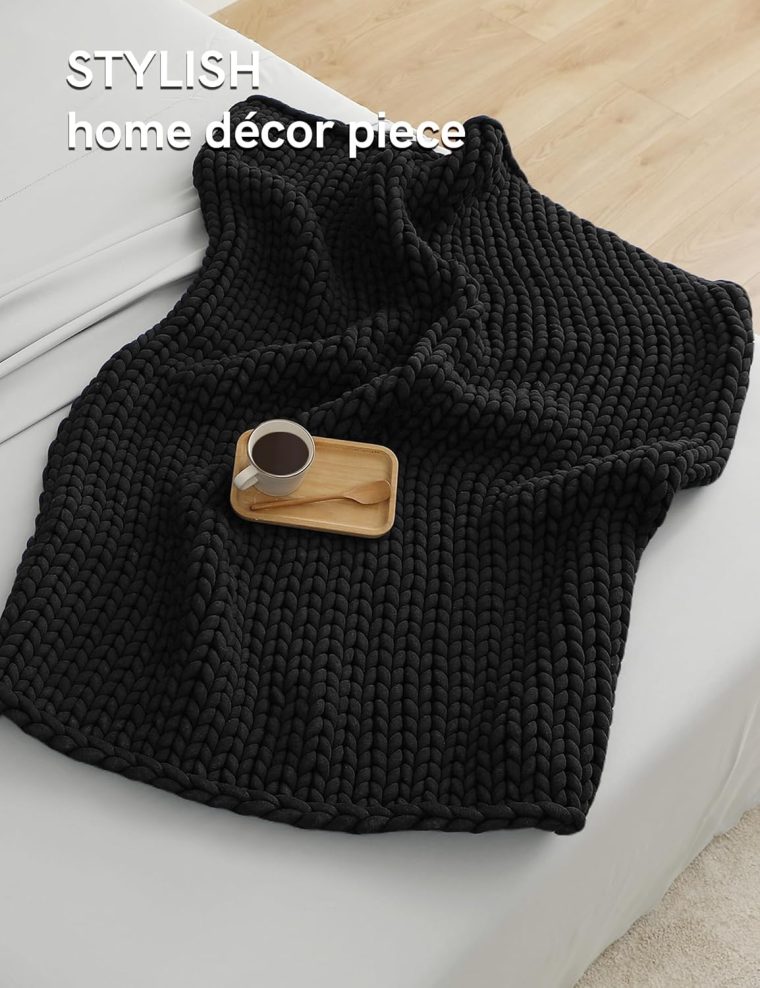 YnM Chunky Throw Blanket, Medium-Weight, Hand Knitted, Skin Friendly, Ventilated and Breathable, Machine Washable, Home Décor Piece for Couch, Sofa and Bed (Black, 60x80 Inch) - Image 2