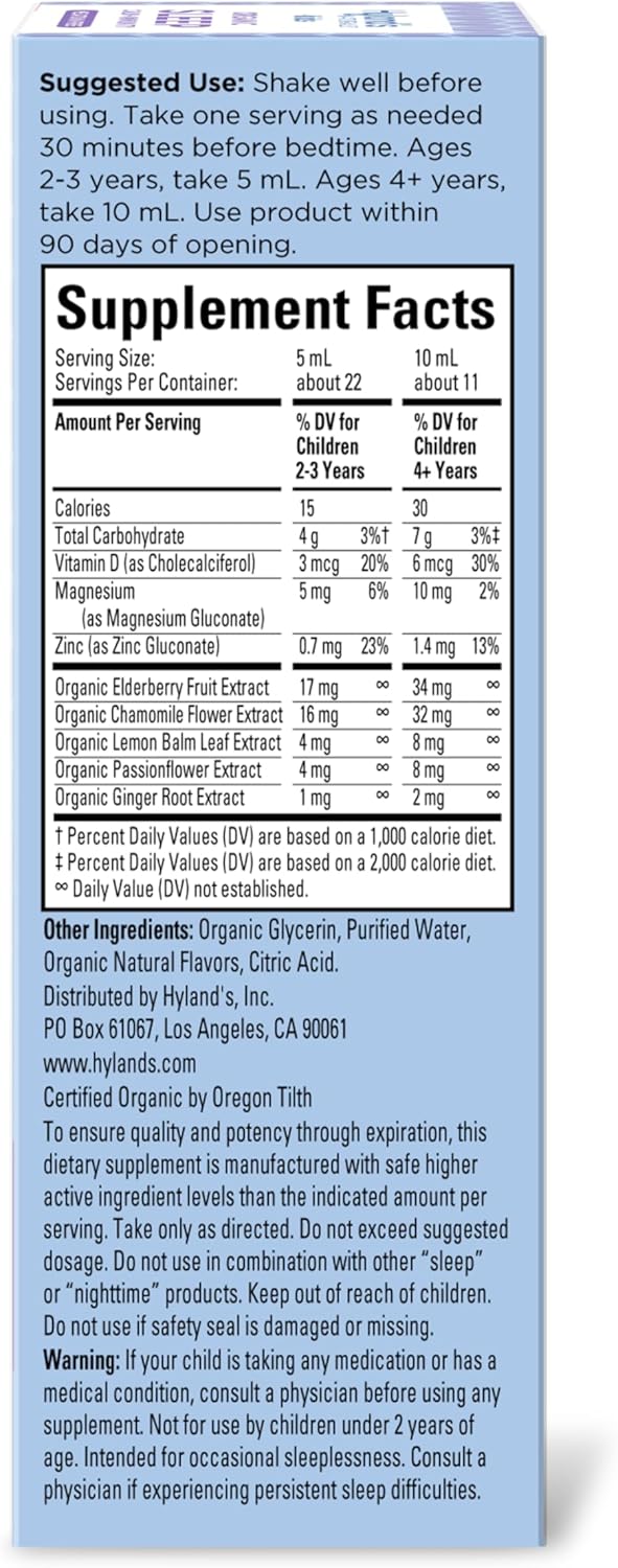 Hyland's Kids Melatonin-Free Organic Sleep Calm & Immunity Liquid, Sugar-Free with Magnesium, Vitamin D, Zinc & Elderberry, Promotes Sleep & Supports Immune Health, Ages 2+, Grape Flavor, 4 Fl. Oz. - Image 5