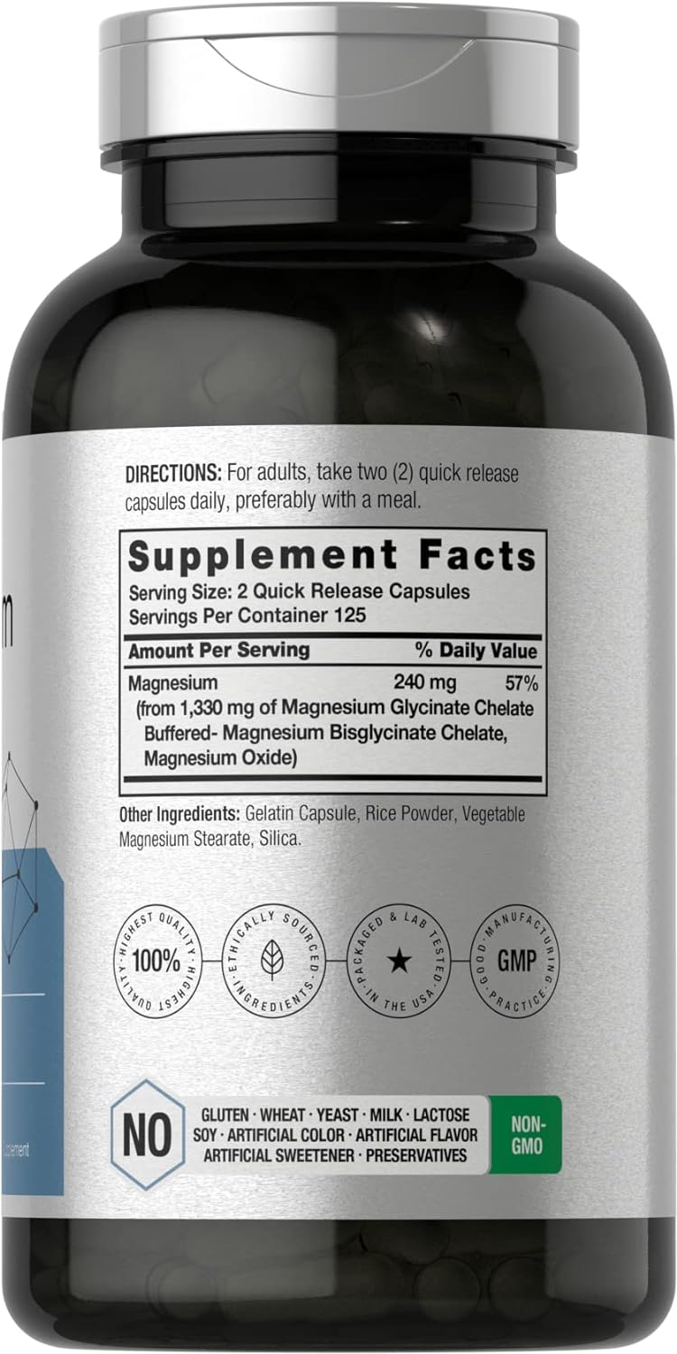 Horbäach Buffered Magnesium Glycinate | 1330mg | 250 Capsules | with Chelated Minerals | Non-GMO, Gluten Free - Image 2