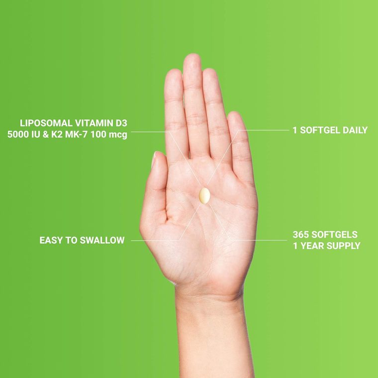 UpNourish Liposomal D3 & K2 MK-7, Advanced Absorption for Optimal Bone and Immune Health, Supplies 5000 IU 125 mcg Vitamin D3 and 100 mcg Vitamin k2 with Organic Coconut Oil, 365 Mini softgels - Image 4