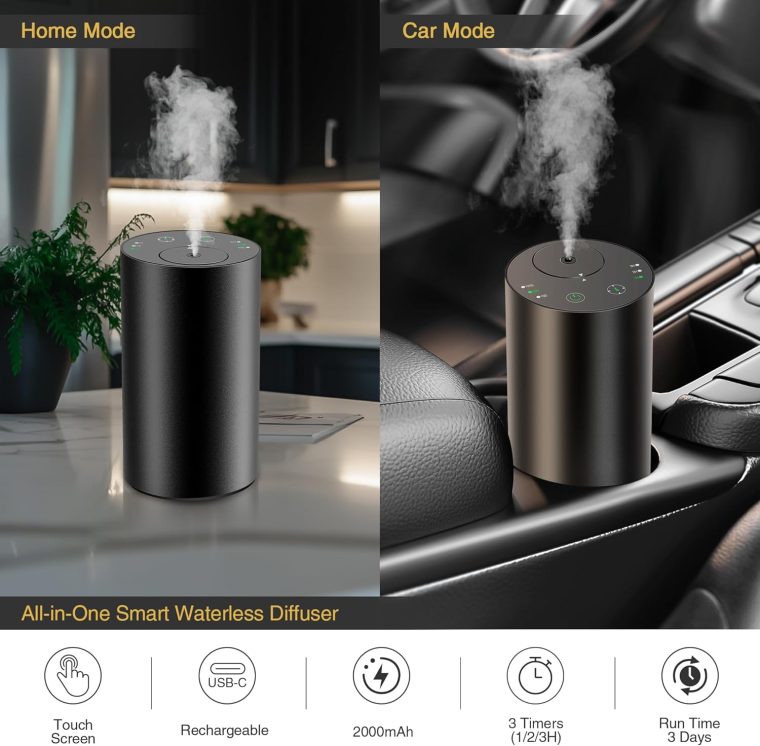 Waterless Essential Oil Diffuser Starter Kit - No Water Needed, Battery Operated Mini Scent Air Machine, Included 3x20ML Essential Oils, Portable Aromatherapy Diffuser for Home & Car, Black, 2Pack - Image 4