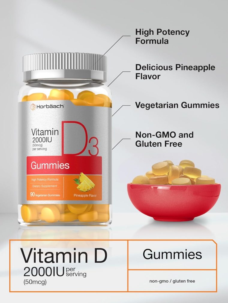 Horbäach Vitamin D3 2000iu Gummies | 90 Count | High Potency Vegetarian Formula | Pineapple Flavor | 50 mcg | Non-GMO & Gluten Free Supplement - Image 4