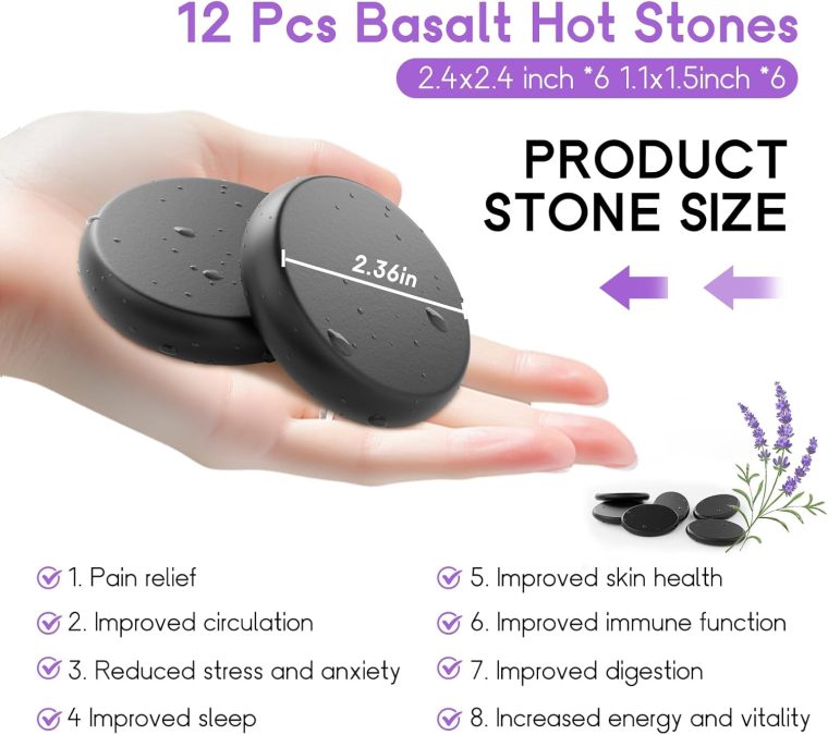 AICNLY 12 Pieces Hot Stone Massage Set-Professional Massage Tool for Spa, Cellulite Massage, Lymphatic Drainage, Relieve Tension and Muscle Pain, Basalt Rocks Premium Set - Image 2