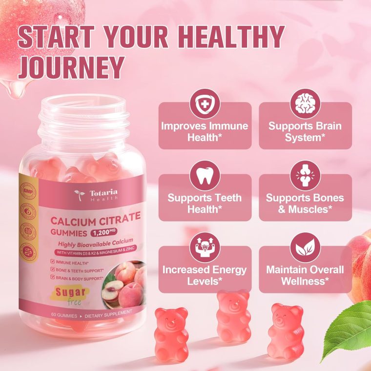 2 Pack Calcium Citrate Gummies 1200 mg - Calcium Supplements for Women with Vitamin D3 & K2,Magnesium,Zinc - Sugar Free Calcium Gummies for Bone & Teeth & Immune Support- Peach Flavor - Image 3