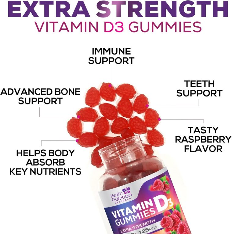 Vitamin D3 Gummies 5000 IU (125 mcg) - Extra Strength Immune Support, Bone, Teeth and Muscle Vitamin D Gummy Dietary Supplement, Nature's Berry D Vitamin Supplement, Raspberry, Non-GMO - 60 Gummies - Image 6
