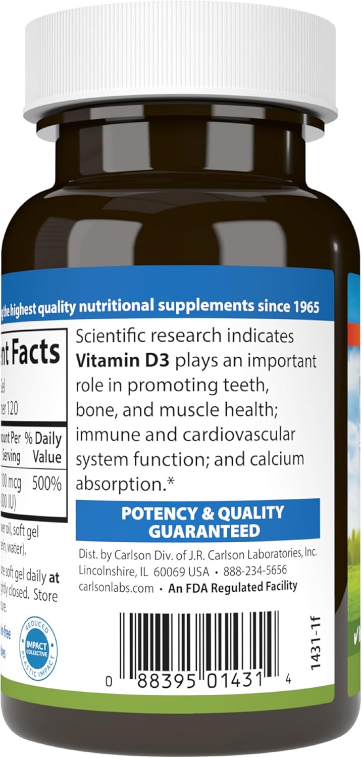 Carlson - Vitamin D3, 4000 IU (100 mcg), Vitamin D Supplements, Bone & Immune Health, Cholecalciferol Supplement, Gluten Free Vitamin D Capsules, 120 Softgels - Image 9