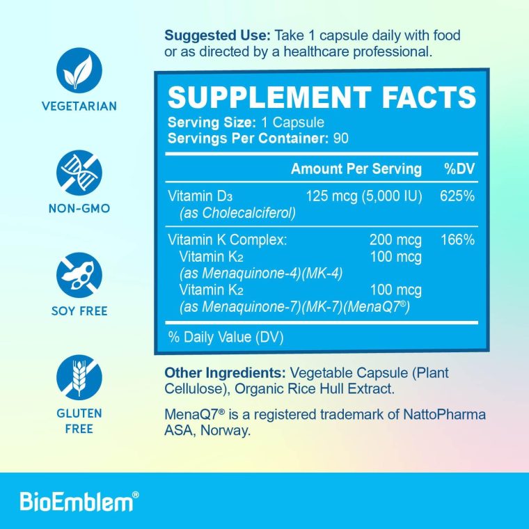 BioEmblem Vitamin D3 K2 Capsules (5000IU and 200mcg) - Patented MK7 and MK4 for 3-in-1 Complex Support - Vegetarian Vitamin D K2 Supplement for Teeth, Heart, Immune System - Non-GMO, 90 Caps - Image 4