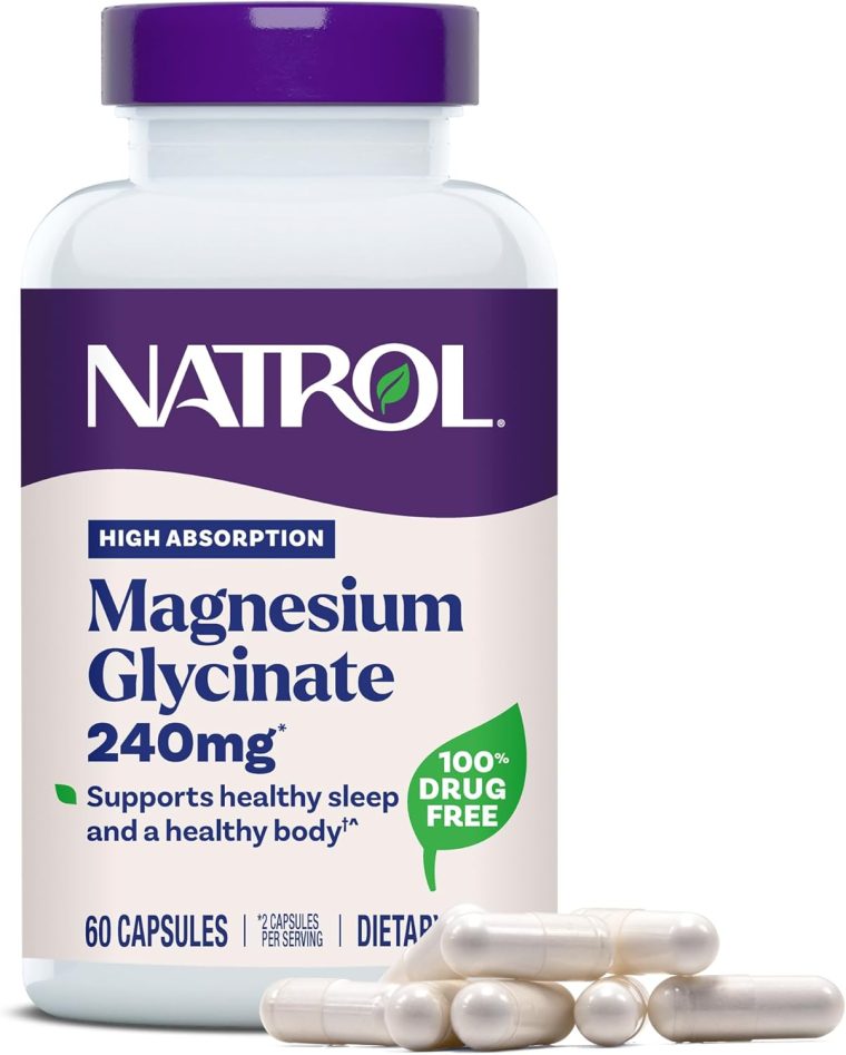 Natrol Magnesium Glycinate Supplements 240 mg - High Absorption - Calm Magnesium Glycinate for Sleep - 60 Capsules, 30 Day Supply