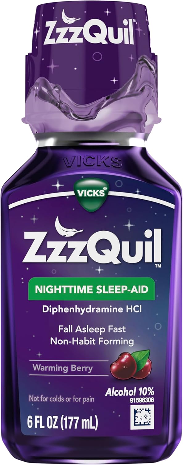 ZzzQuil, Nighttime Sleep Aid Liquid, 50 mg Diphenhydramine HCl, No.1 Sleep Aid Brand, Fall Asleep Fast, Non-Habit Forming, Warming Berry Flavor, 6 FL OZ - Image 10