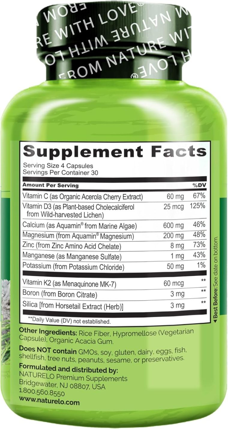 NATURELO Calcium Supplement - with Vitamin C, Vitamin D3, K2, and Calcium Magnesium Zinc for Bone Strength with Calcium 600mg - Plant-Based, 120 Vegetarian Capsules, Non-GMO, Soy & Gluten-Free - Image 7