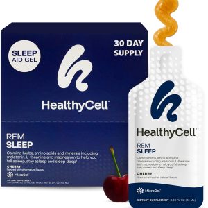 Healthycell REM Sleep Aid Supplement for Adults - Liquid Gel Extra Strength Sleep Supplement with Melatonin, Magnesium, L-Theanine, GABA & Natural Calming Herbs - 30 Gel Packs, Cherry Flavored