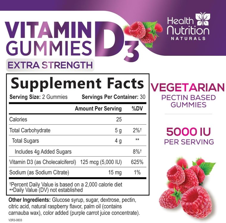 Vitamin D3 Gummies 5000 IU (125 mcg) - Extra Strength Immune Support, Bone, Teeth and Muscle Vitamin D Gummy Dietary Supplement, Nature's Berry D Vitamin Supplement, Raspberry, Non-GMO - 60 Gummies - Image 2