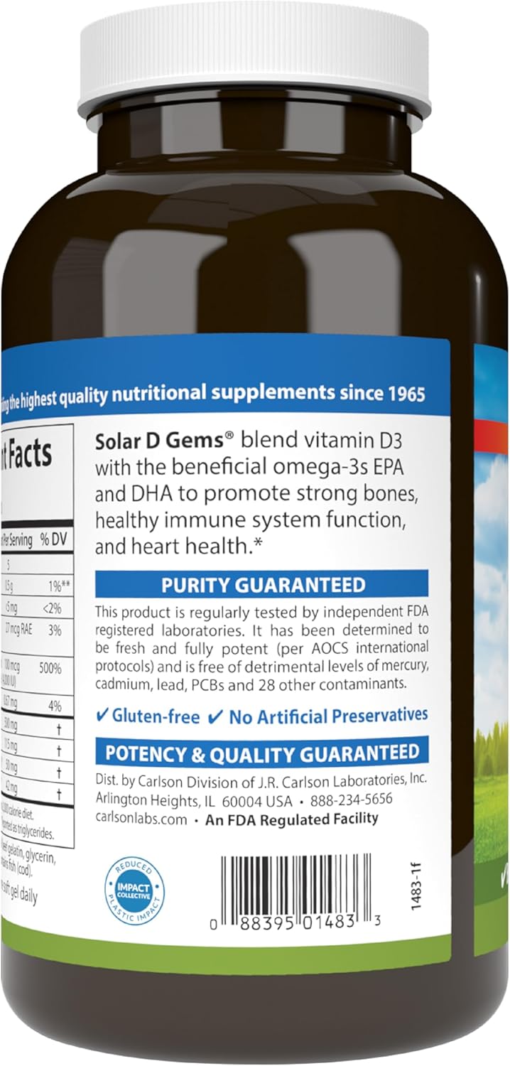 Carlson - Solar D Gems, Vitamin D3 and Omega-3 Supplement, 4000 IU (100 mcg) D3, 115 mg Omega-3 EPA and DHA, Vitamin D Fish Oil Capsule, Bone & Immune Health, Vitamin D Supplement, Lemon, 360 Softgels - Image 9