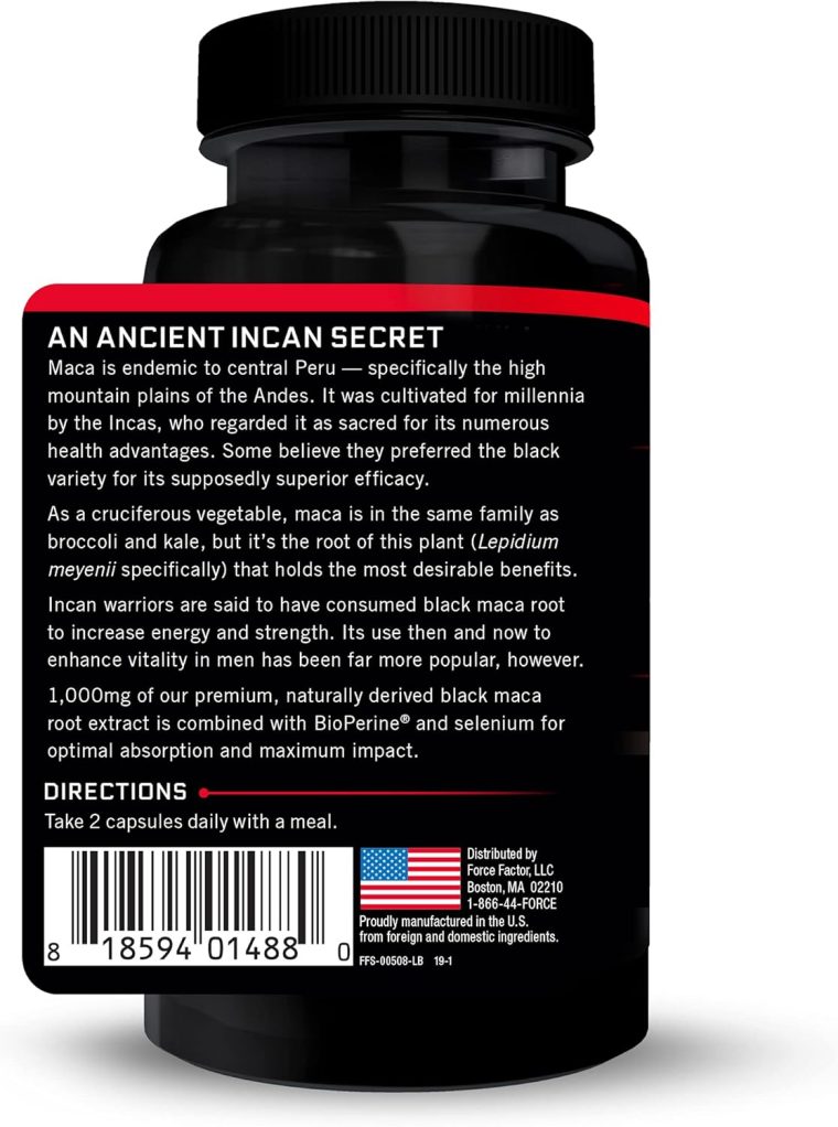 Force Factor Black Maca Root Vitality Supplement for Men with Superior Absorption and Power, Natural Maca Negra Extract, Fundamentals Series, 1000mg, 60 Capsules (Pack of 3) - Image 3
