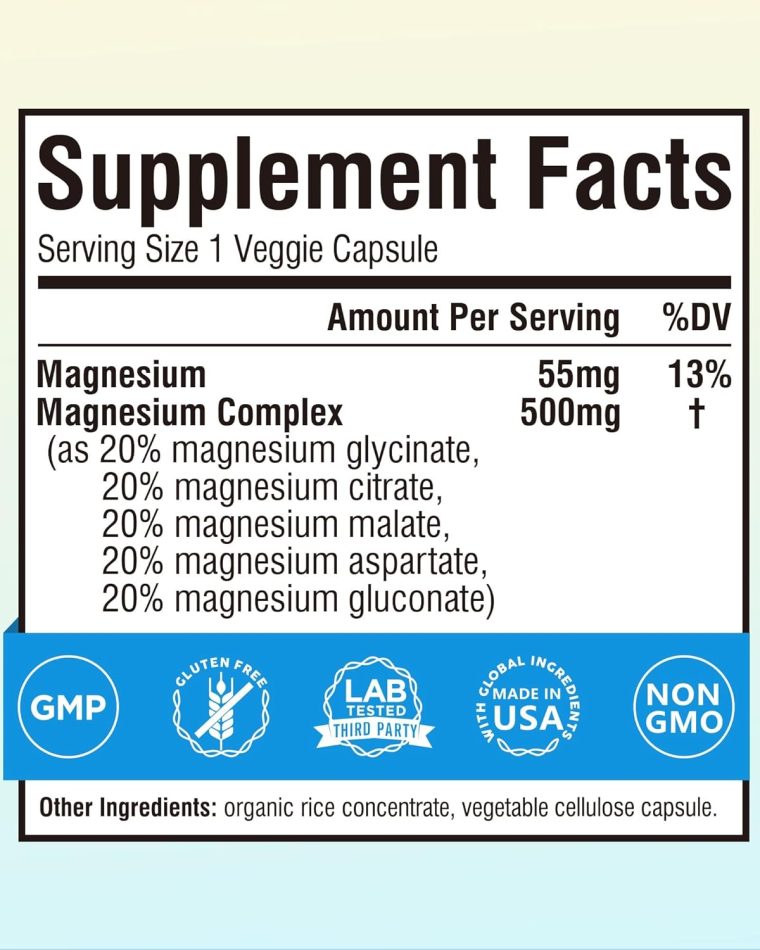 Terranics 5-in-1 Magnesium Complex Supplement 500mg - 5 Forms High Absorption Magnesium Glycinate Citrate Malate Aspartate Gluconate - Non-GMO 120 Vegan Magnesio Capsule for Sleep Muscle Heart Health - Image 2