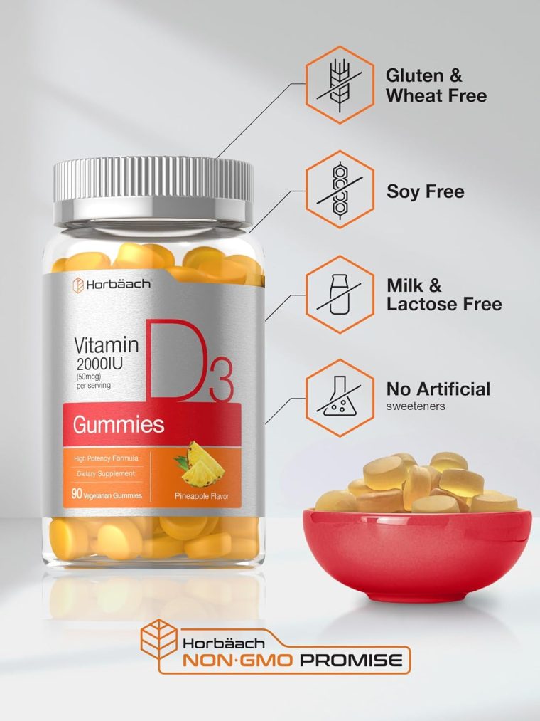 Horbäach Vitamin D3 2000iu Gummies | 90 Count | High Potency Vegetarian Formula | Pineapple Flavor | 50 mcg | Non-GMO & Gluten Free Supplement - Image 5
