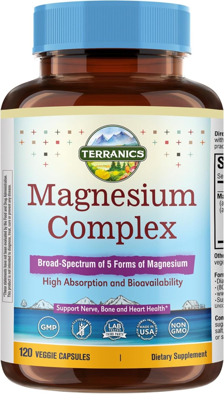 Terranics 5-in-1 Magnesium Complex Supplement 500mg - 5 Forms High Absorption Magnesium Glycinate Citrate Malate Aspartate Gluconate - Non-GMO 120 Vegan Magnesio Capsule for Sleep Muscle Heart Health