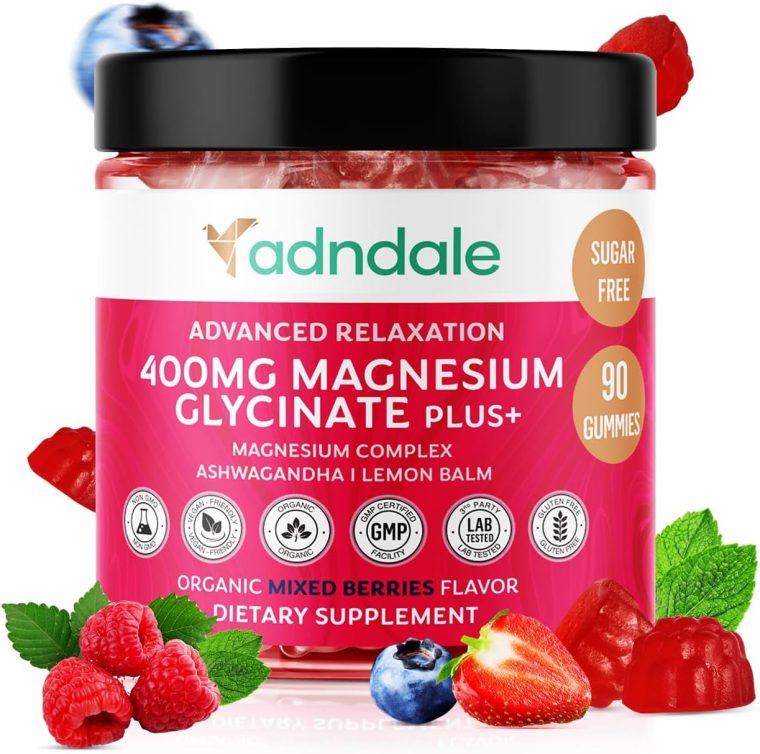 90 CT Magnesium Glycinate Gummies 400 mg/Serv with Ashwagandha, Magnesium Malate & Taurate, Sugar Free Chews for Adults & Kids Relaxation, Stress Relief, Night Rest, Muscle & Cardio Support