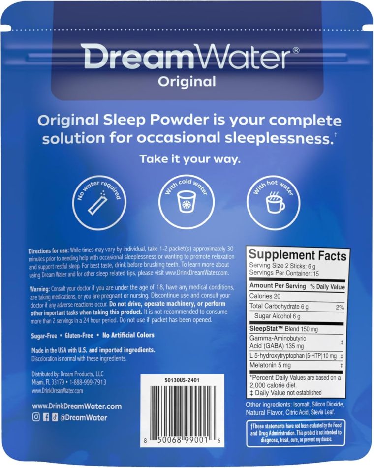 Dream Water Sleep Aid Powder; Melatonin 5mg, GABA, 5-HTP; Natural Flavors; Helps You to Fall Asleep, Fast, and Wake Refreshed; Snoozeberry, 30-Count - Image 2