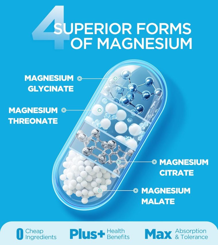 Quadruple Magnesium Supplement, 400mg of Chelate Magnesium Glycinate, L-threonate, Citrate & Malate | Max Absorption Complex w/Vitamin D3 & B6, for Sleep Heart Muscles Nerves, Non-GMO, 60 Vegan Caps - Image 2