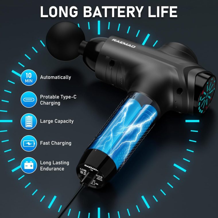 RAEMAO Massage Gun, Handheld Electric Deep Tissue Muscle Massager for Athletes for Pain Relief Attaching 8 Replacement Heads, Percussion Massager with 10 Speeds, Father's Day Gifts, Black - Image 5
