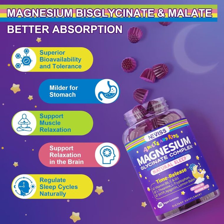 Magnesium Glycinate Gummies for Adults & Kids 4+, Sugar Free Magnesium Bisglycinate Supplement 400/200mg with B6D3, 5HTP, L-Theanine for Sleep & Relaxation, Brain, Muscle, Melatonin Free Gummies,1Pack - Image 6