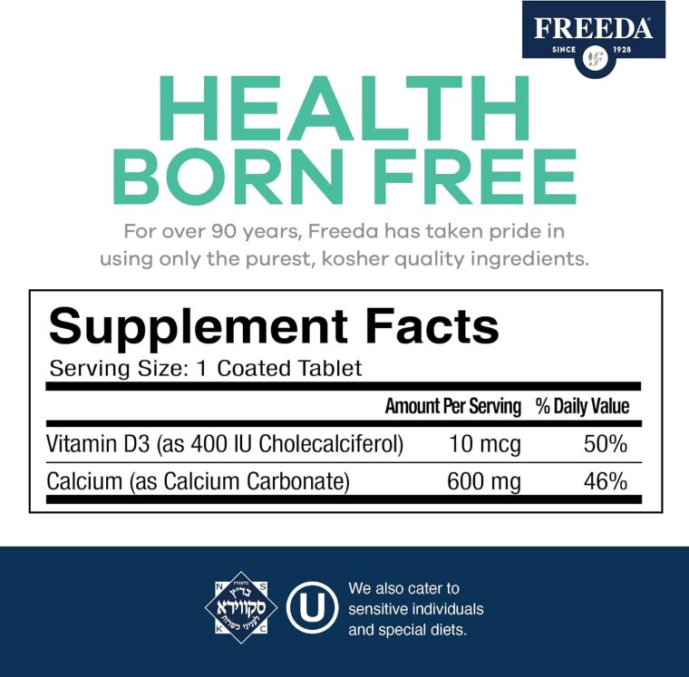 FREEDA Calcium 600 mg with Vitamin D3 400 IU – Essential Bone Support Supplement – Kosher, Gluten-Free, Easy-to-Swallow Coated Tablets for Women & Men (100 Ct) - Image 6